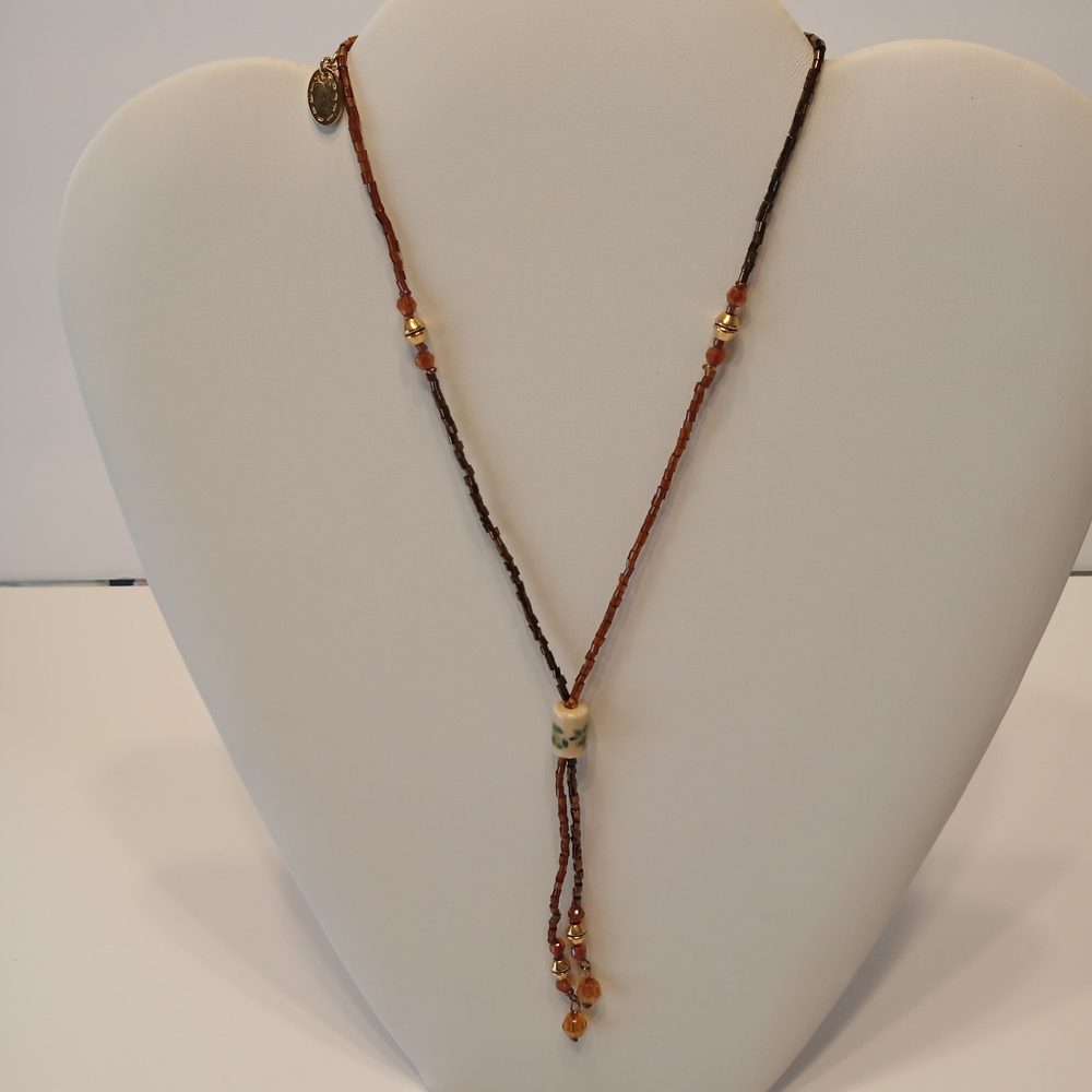 VTG Elegant 16" Browns/Golds Seed Beaded Lariat Style 4" Tassel Goldtone Accents